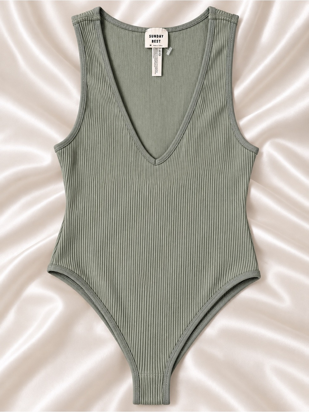 Sunday Best Aritzia Sage Green Ribbed V-Neck Bodysuit Size M